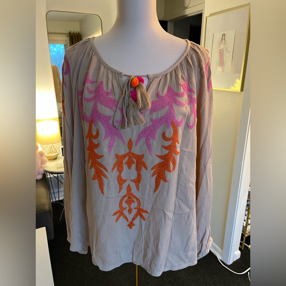 Soft Surroundings Beige Blouse with Pink and Orange Embroidery